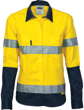 Picture of DNC Workwear-3936-Ladies HiVis Two Tone Drill Shirt with 3M Reflective Tape - Long sleeve