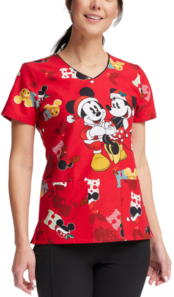 Picture of Cherokee Mickey Christmas Womens Printed V-Neck Scrub Top (TF614 MKHH)